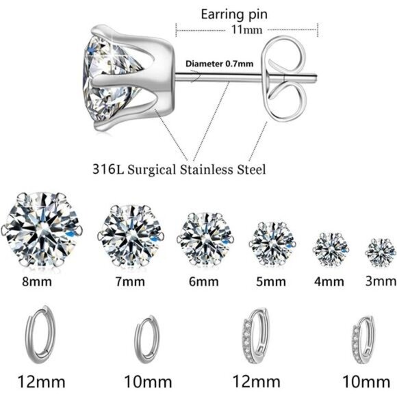 10 Pairs Silver Stud Earrings and Hoop Earrings for Women, Surgical Steel - Picture 2 of 7